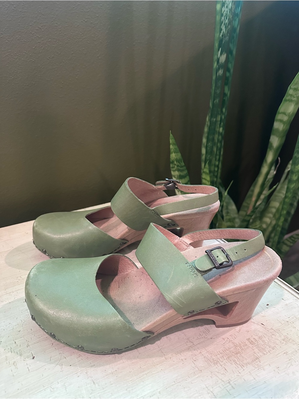 Dansko Women's Green Leather Clog Sandals with Buckle Strap